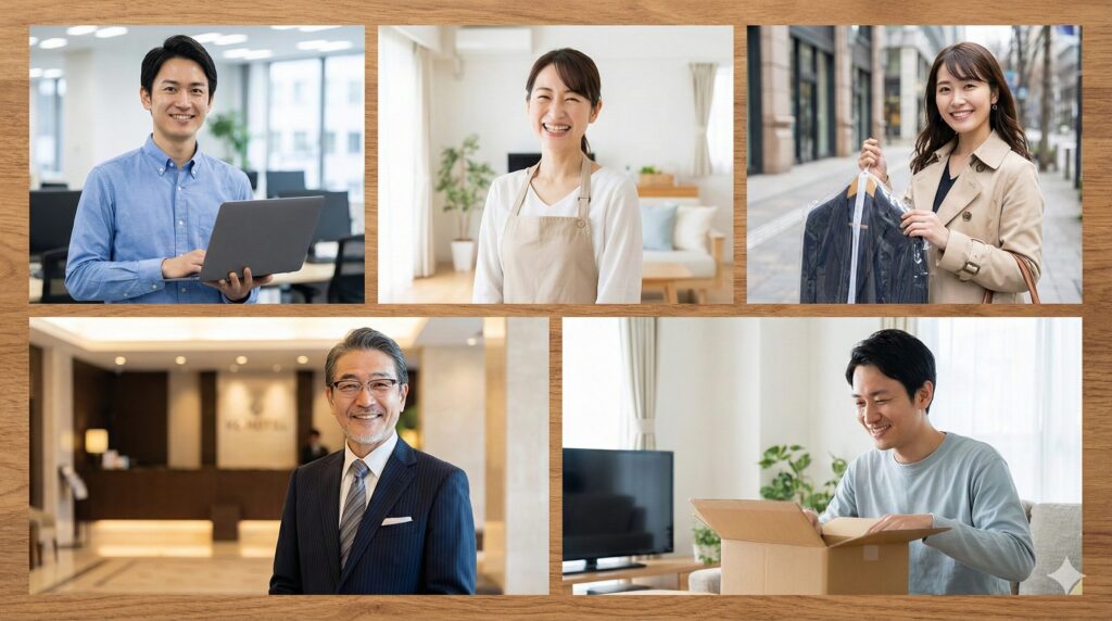 5人のペルソナがそれぞれネクシーのサービスに満足している様子