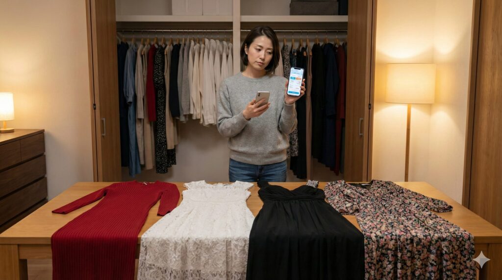 クローゼットの前で、種類の違う4着のワンピース（赤いニット、白いレース、黒いフォーマル、花柄ロング）を前に悩み、仕分けをしている女性。手にはスマートフォンを持ち、クリーニングアプリを見ている