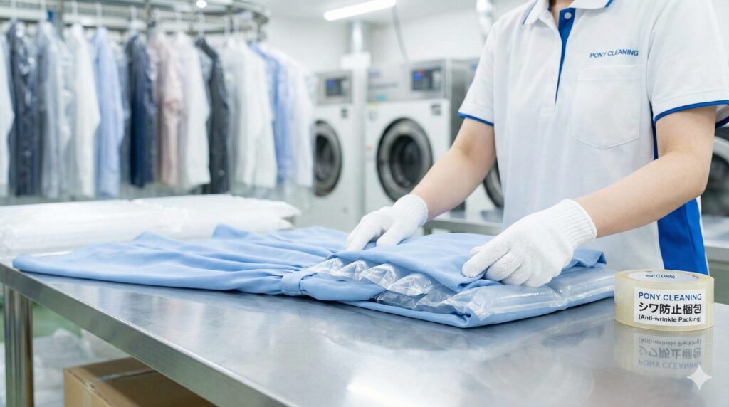 ポニークリーニングの梱包風景。洋服の間に空気の入ったビニール緩衝材を挟んで、ふんわりと畳んでいる様子。