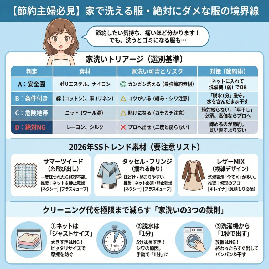ワンピースの自宅ケアと洗濯OKな素材の図解