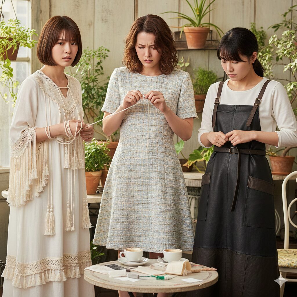 2026SSワンピースを着た3人が困っている様子のイメージ