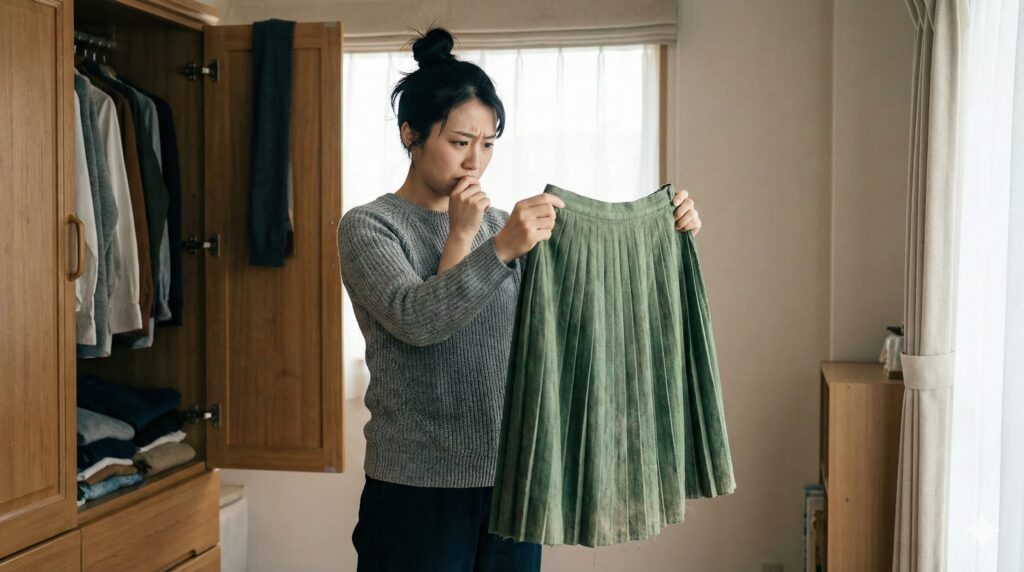 悩み多き女性がクローゼットの前でプリーツの取れたスカートを見て困っているシーン