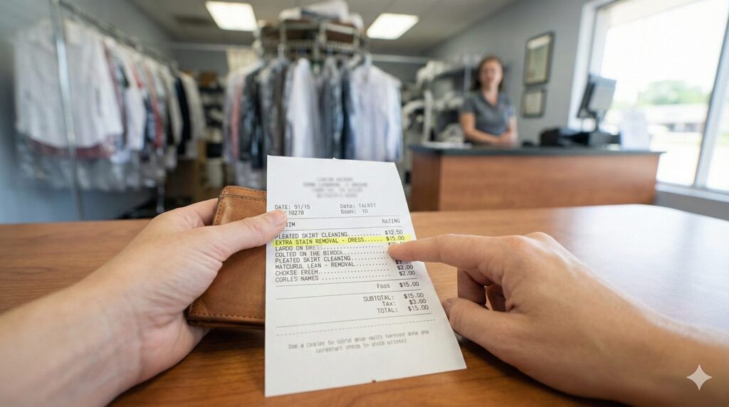 レジで追加料金を提示され、驚いている女性の視点画像。明細書に「プリーツ加工代」が記載されている