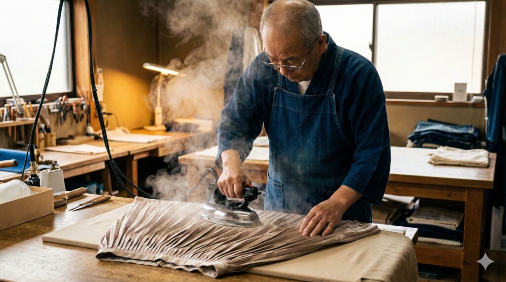 熟練のクリーニング職人が、複雑なプリーツスカートに蒸気アイロンを丁寧に当てている様子