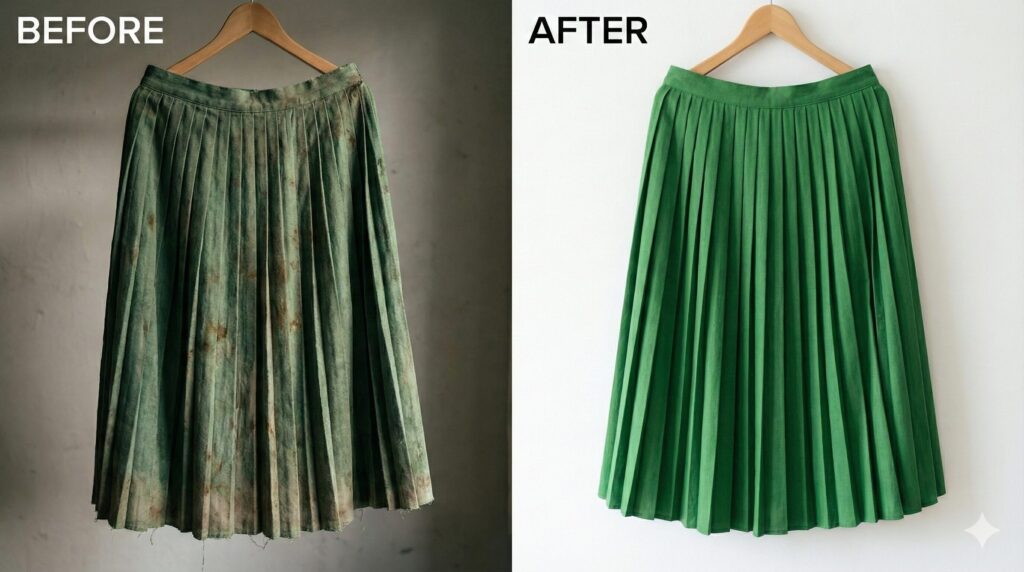 クリーニングによって、シミだらけのスカートが新品のように蘇ったビフォーアフターのイメージ