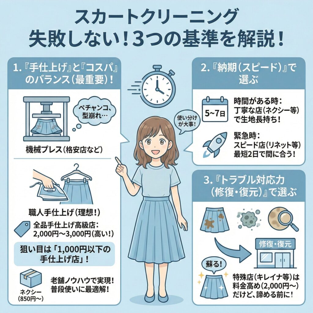 スカートのクリーニング店選びで基準となる3つのポイントを図解