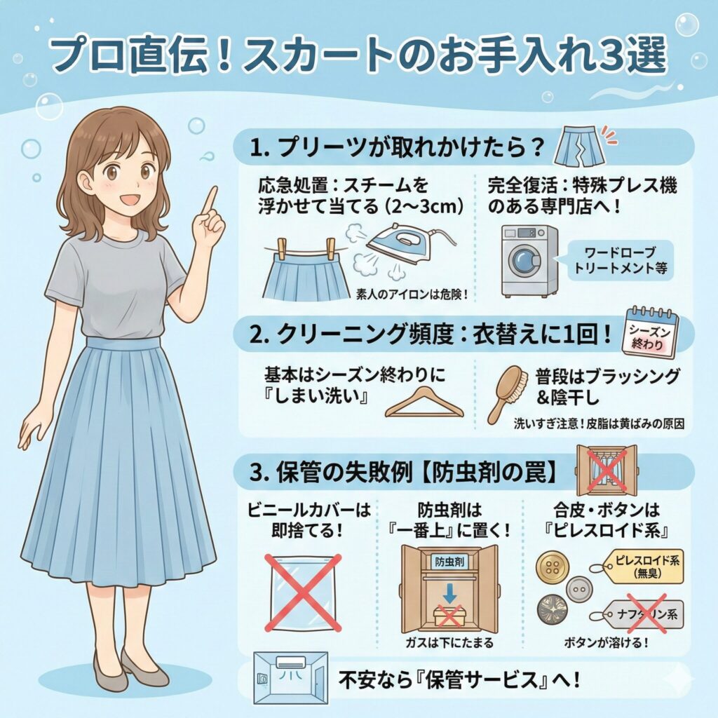 スカートのクリーニング頻度と自宅でのケア方法の図解