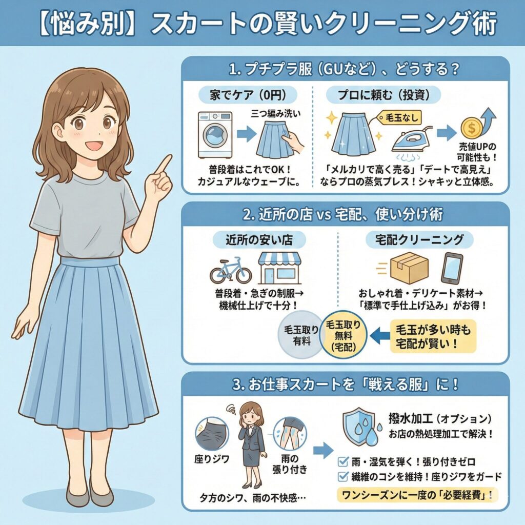 3人のペルソナの悩み別スカートのクリーニングに対する解決策を示した図解