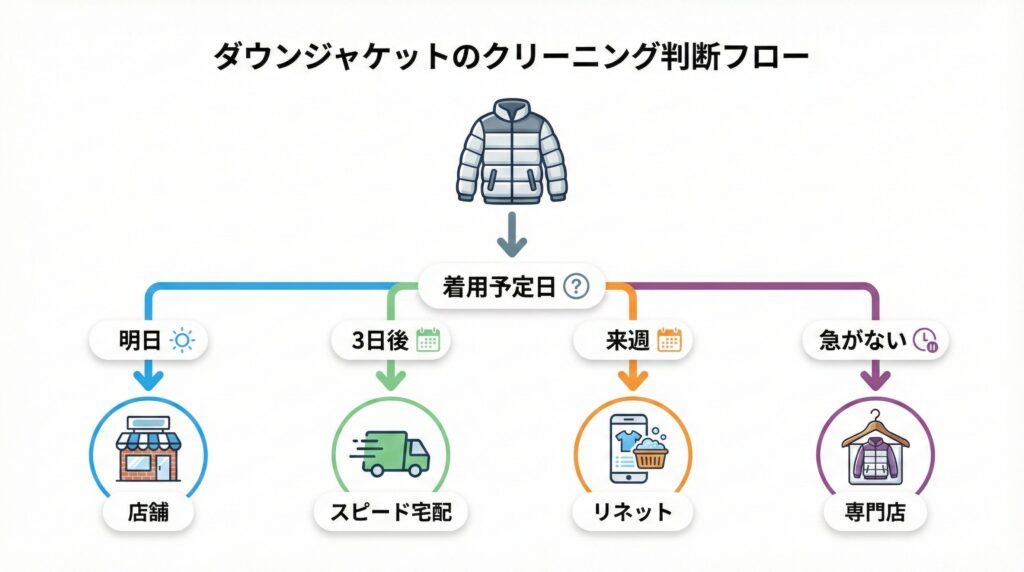 ダウンジャケットのクリーニング日数判定フロー