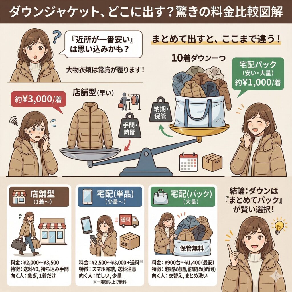 ダウンのクリーニング料金を店舗・個別・パックで比較したフローチャート