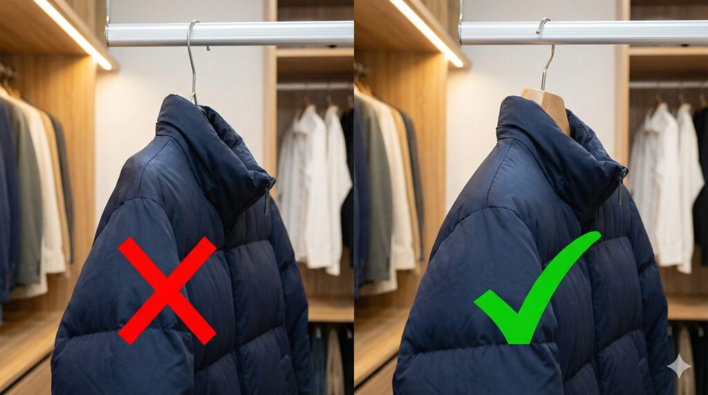 ダウンジャケットをつるす時の針金ハンガーと厚手ハンガーの違い