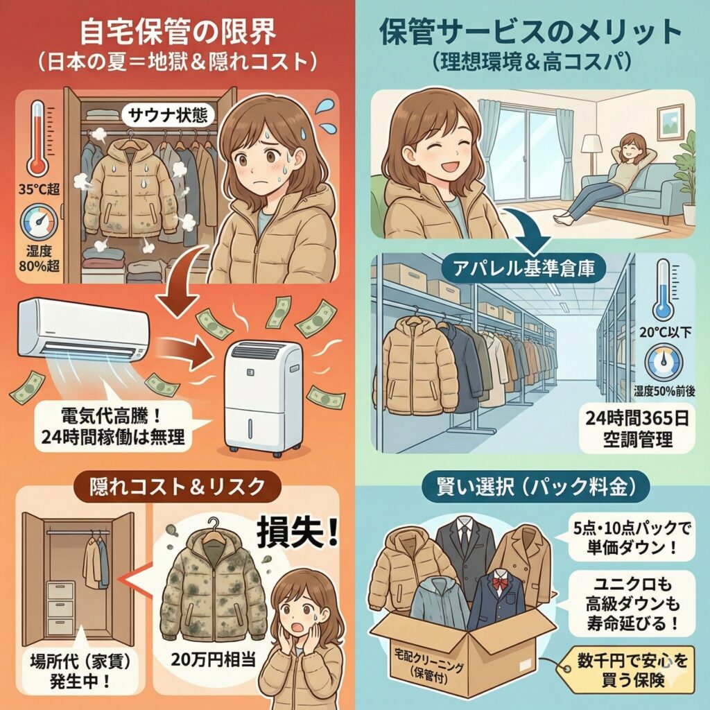 ダウンの自宅保管と宅配クリーニング保管の比較