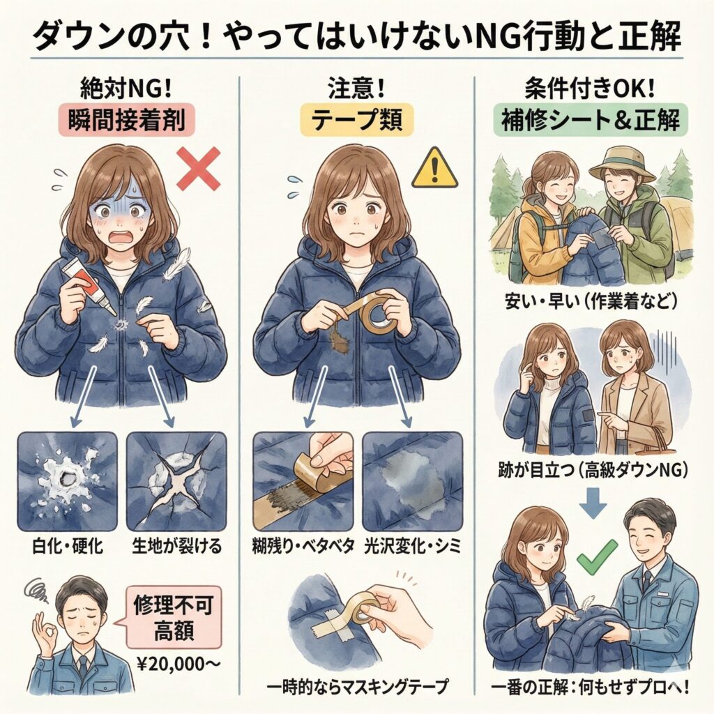 ダウンに穴・破れができたときの応急処置フローチャート