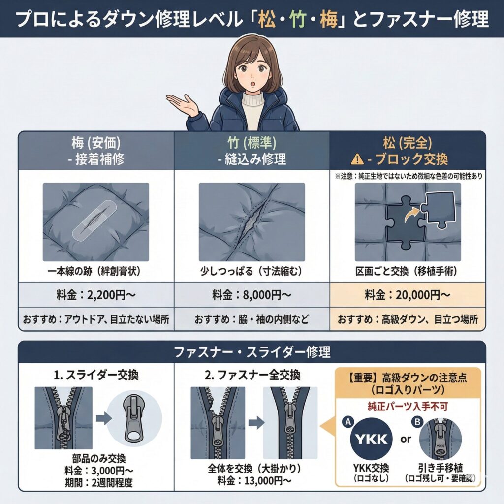 ダウンのファスナー交換など修理料金相場