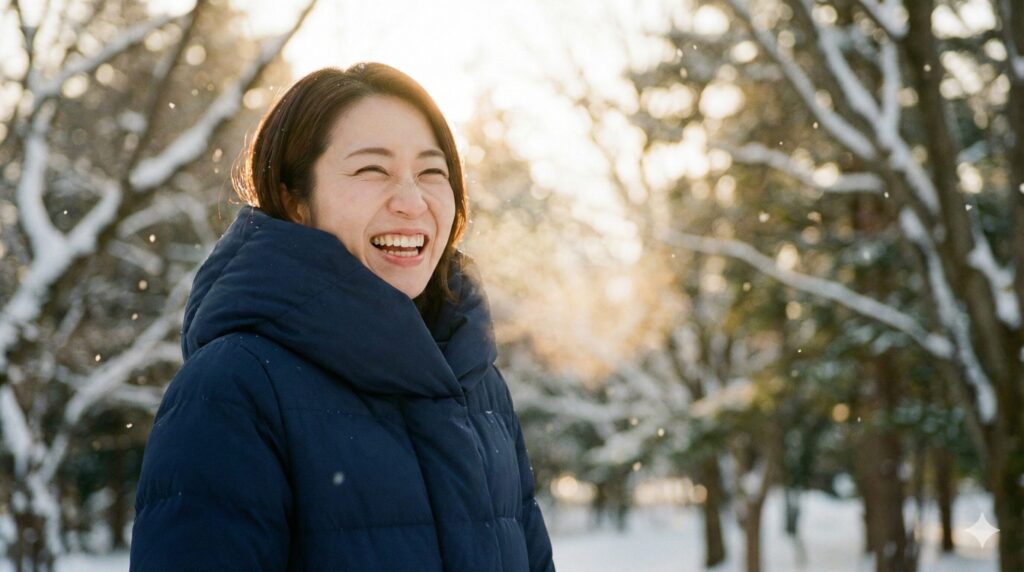 ダウンの洗濯に成功して笑顔の女性