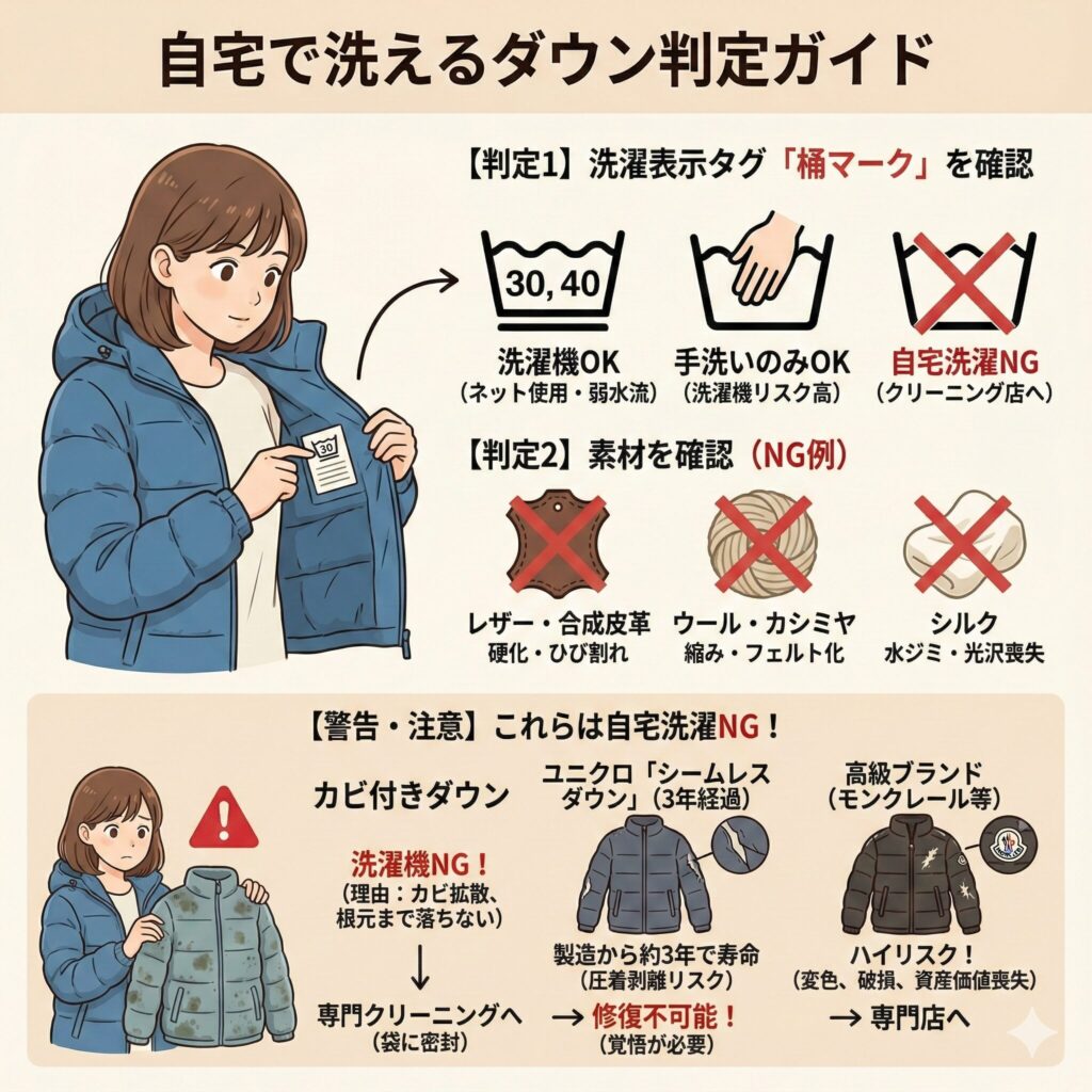 自宅で洗えるダウンと洗えないダウンのフローチャート