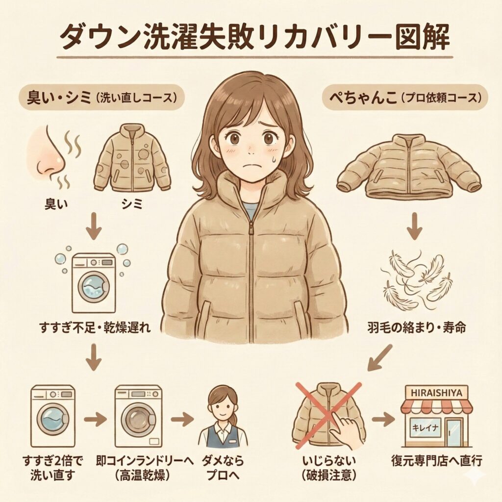 ダウンの洗濯に失敗したときのフローチャート