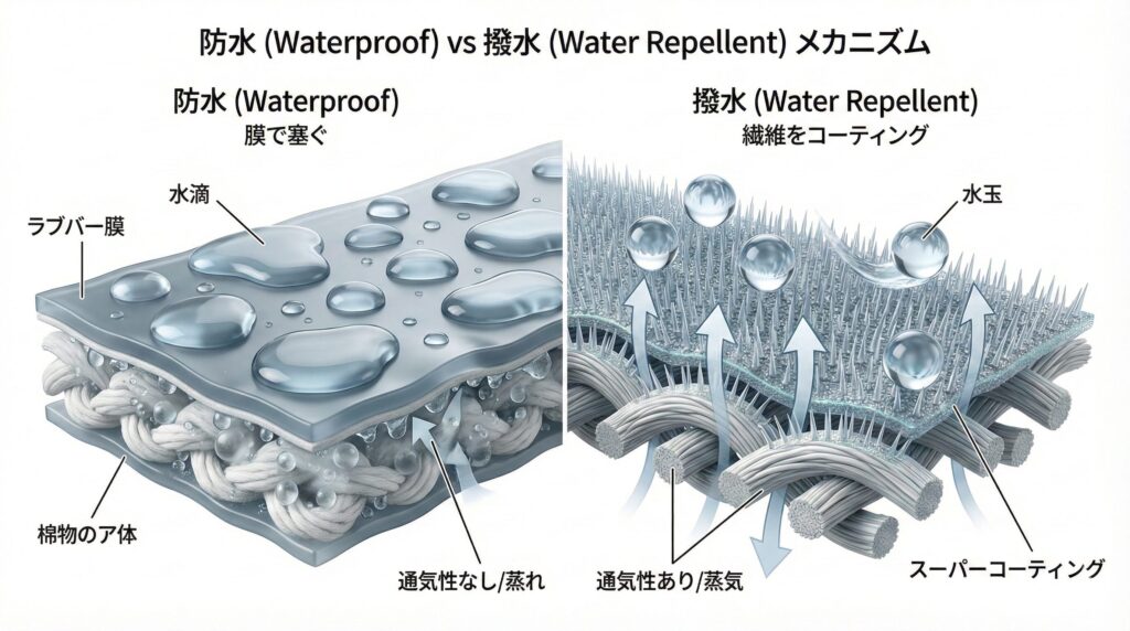 防水と撥水の違いの図解