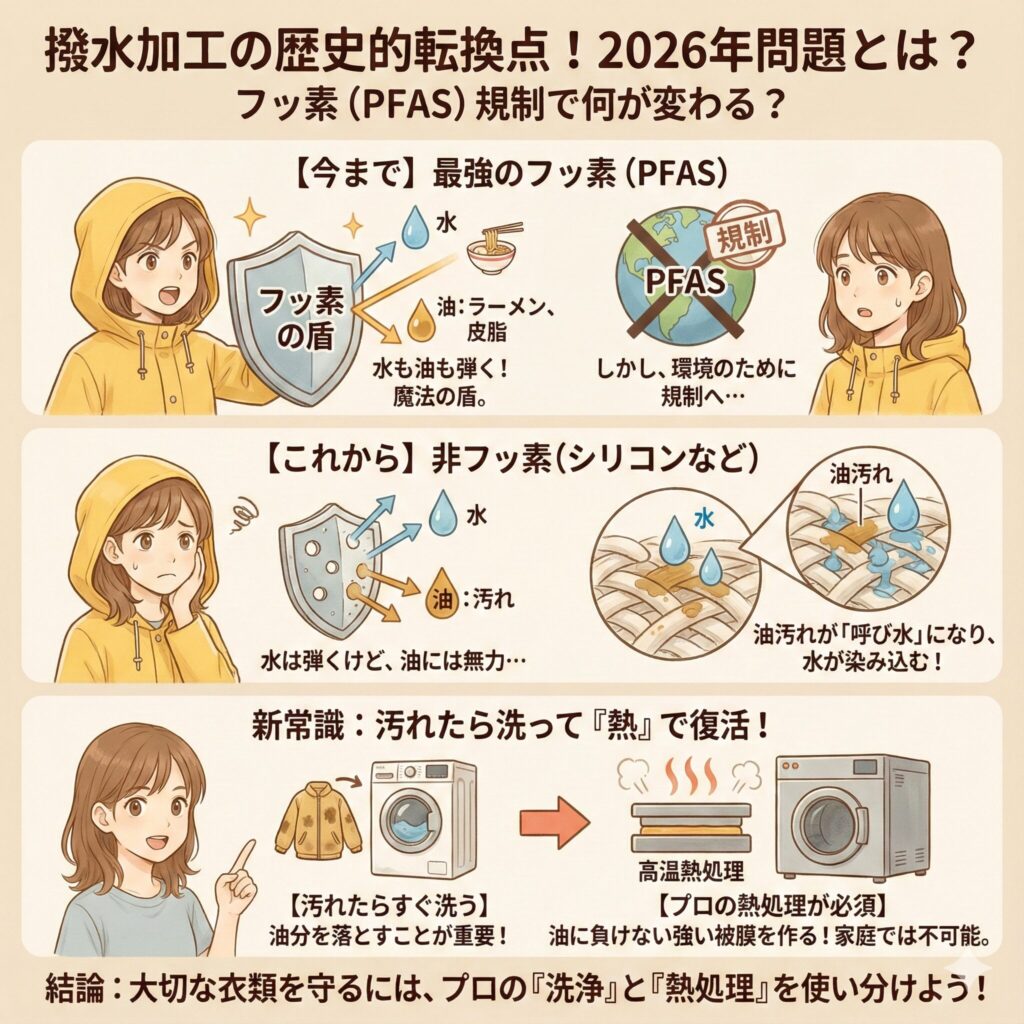 pfas規制後の撥水加工はクリーニング店を選ぶ重要性が増す図解