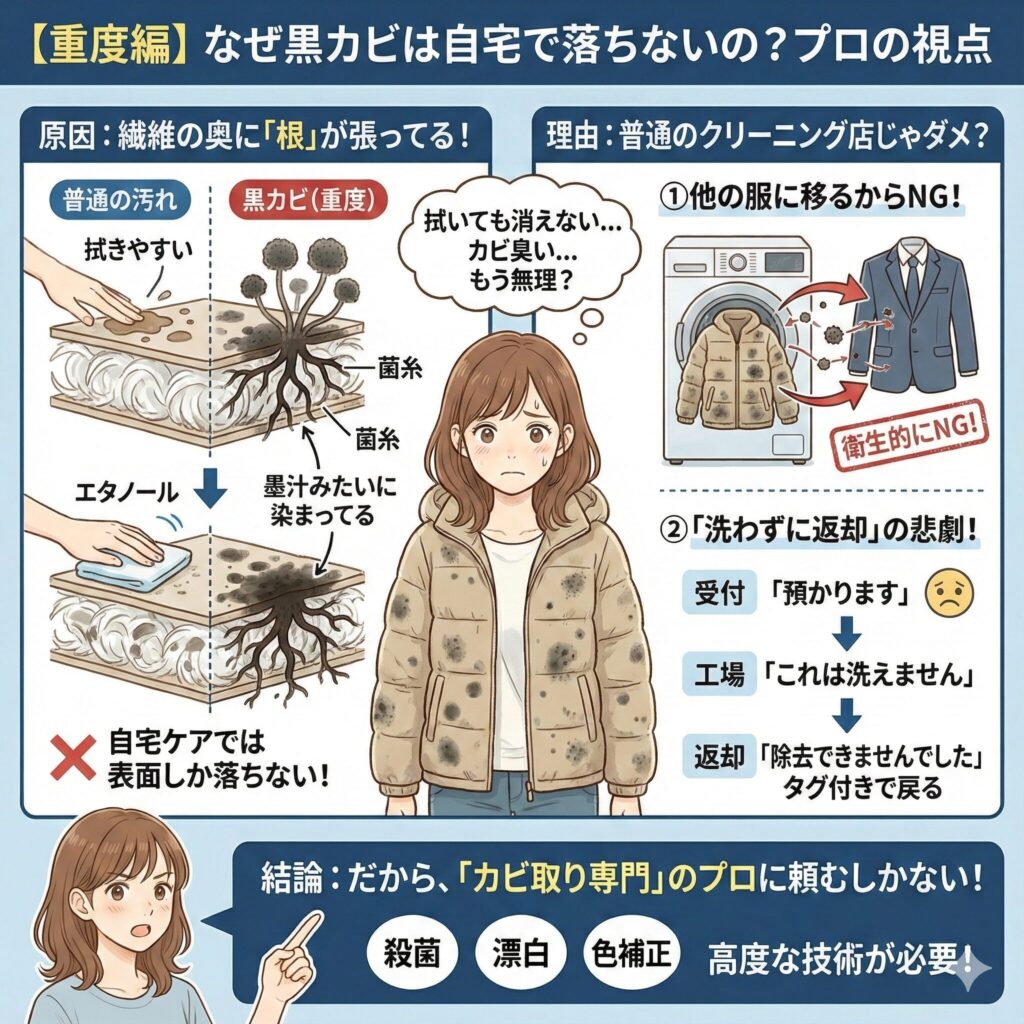 ダウンに生えた黒カビのメカニズムと対処方法