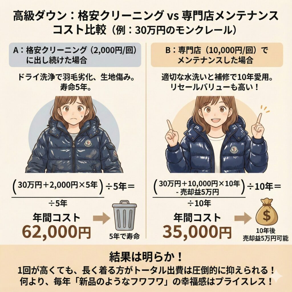 高級ダウンのクリーニングを格安店と専門店に出したときの違い