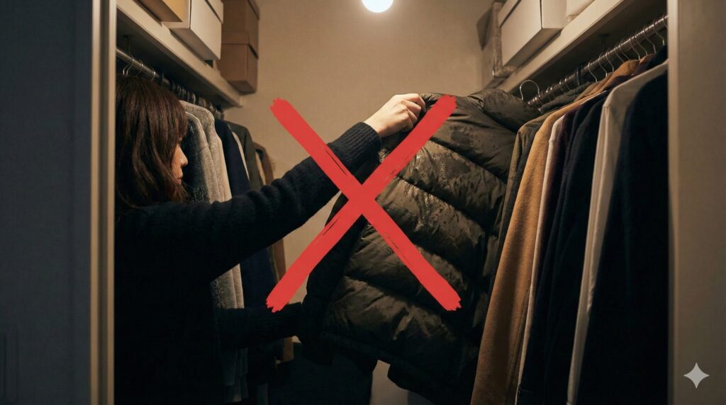 雨に濡れたダウンをクローゼットにしまうのはNG