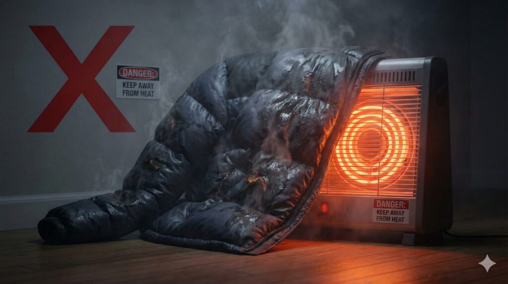 濡れたダウンの乾燥にヒータを近くに置くのはNG
