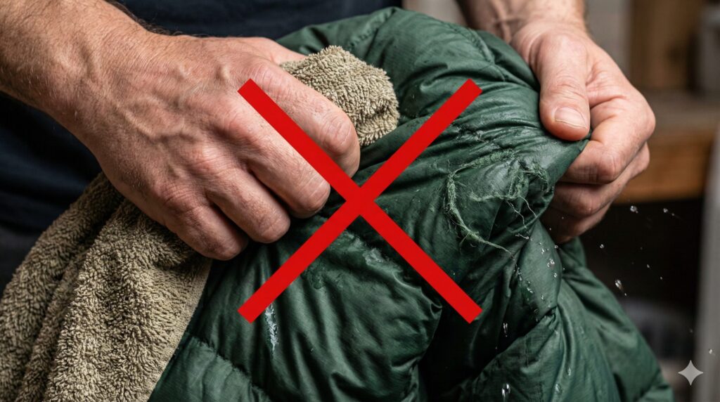 雨に濡れたダウンをタオルでごしごし拭くのはNG