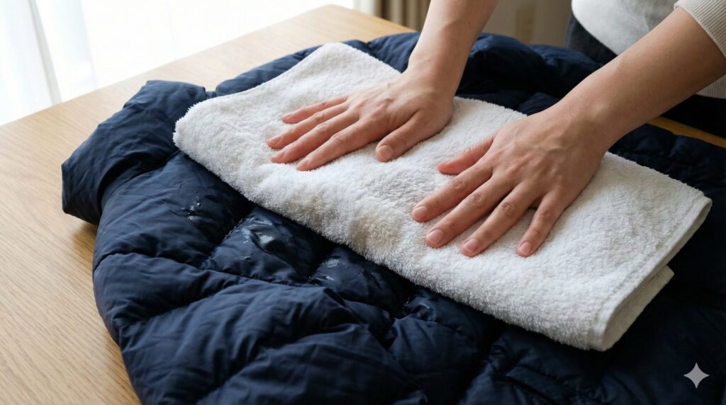 ダウンについた水滴は優しくタオルで拭きとる