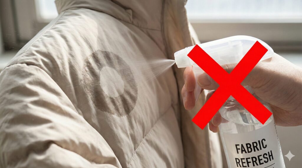 ダウンの近くでスプレーをかけるとシミの原因に