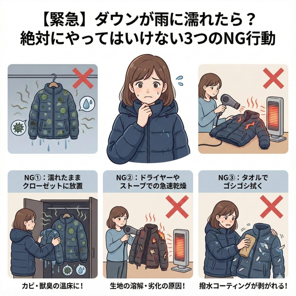 ダウンが雨に濡れた時にやってはいけないNG行動