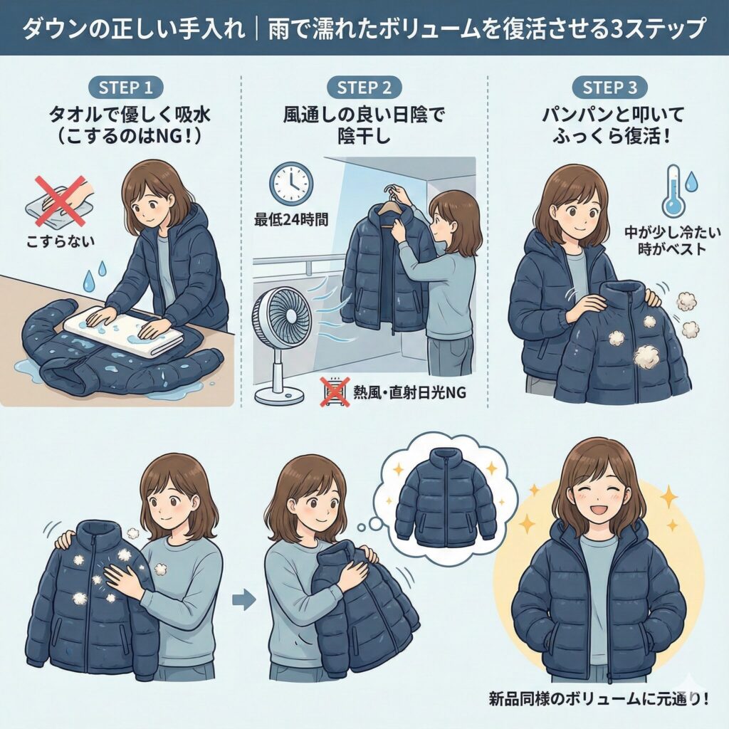 ダウンが雨に濡れた時の正しい応急処置