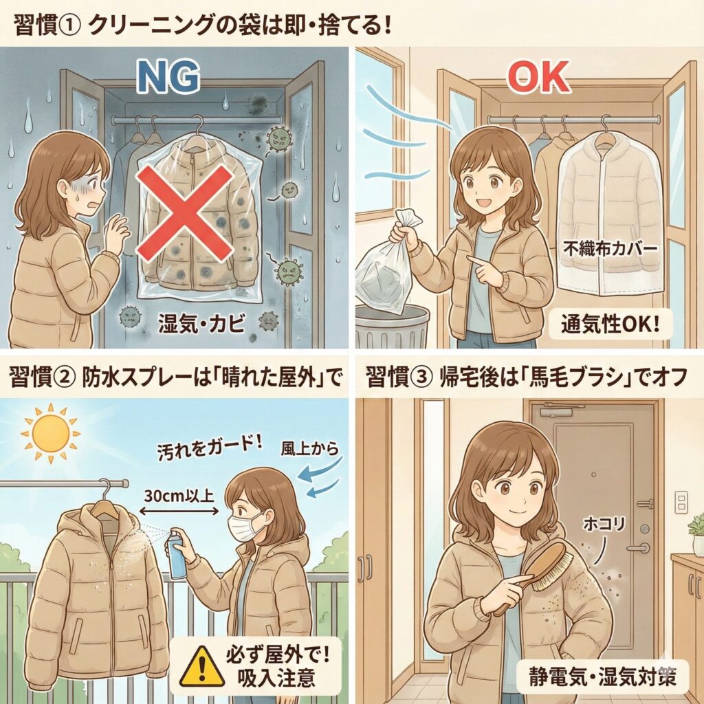 ダウンの正しい保管方法と撥水スプレーの手順