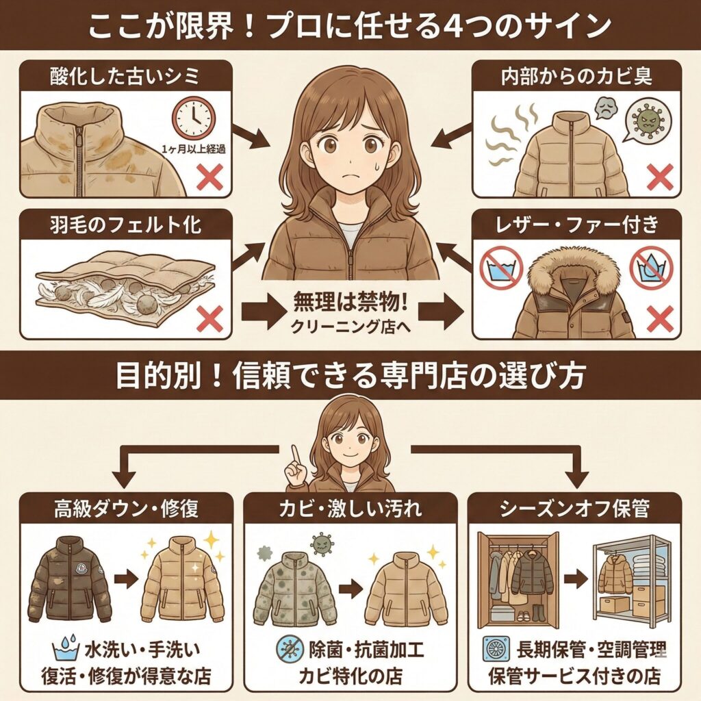 ダウンをクリーニングに出すべきかどうかのフローチャート