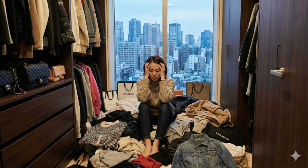 クローゼットに入りきらない洋服がいっぱいで頭をかかえている女性