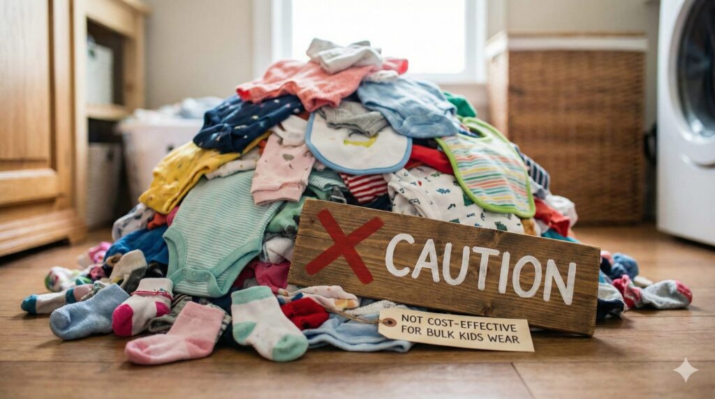 リネットプレミアムクロークは子供服割引対象外のため積み重なっている子供服のイメージ