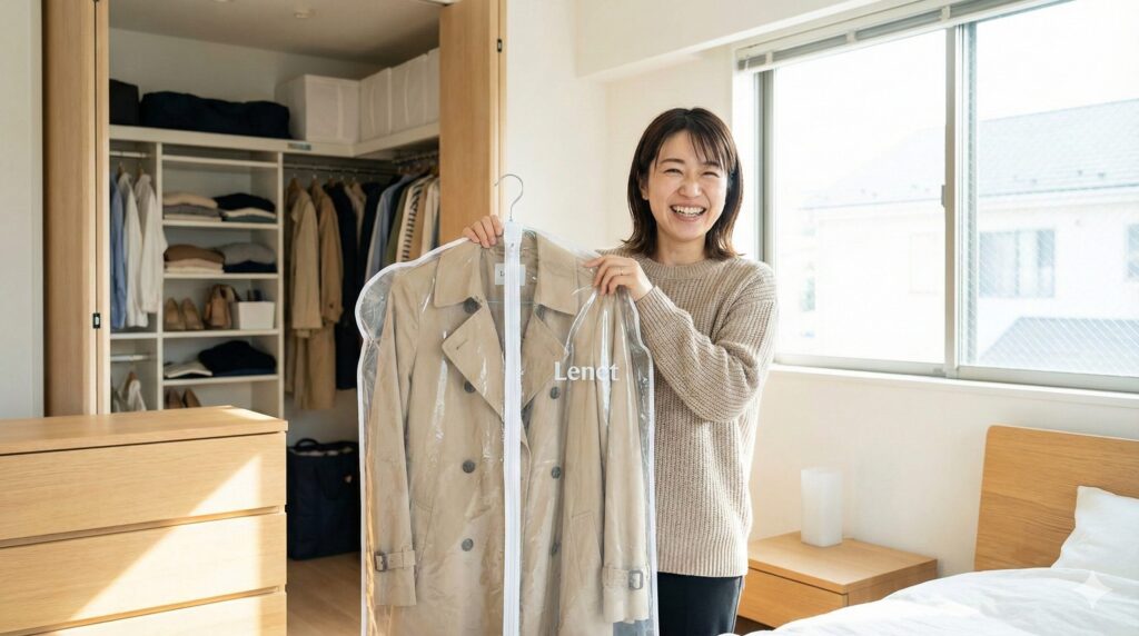 リネットプレミアムクロークで仕上がった服を手に喜ぶ女性