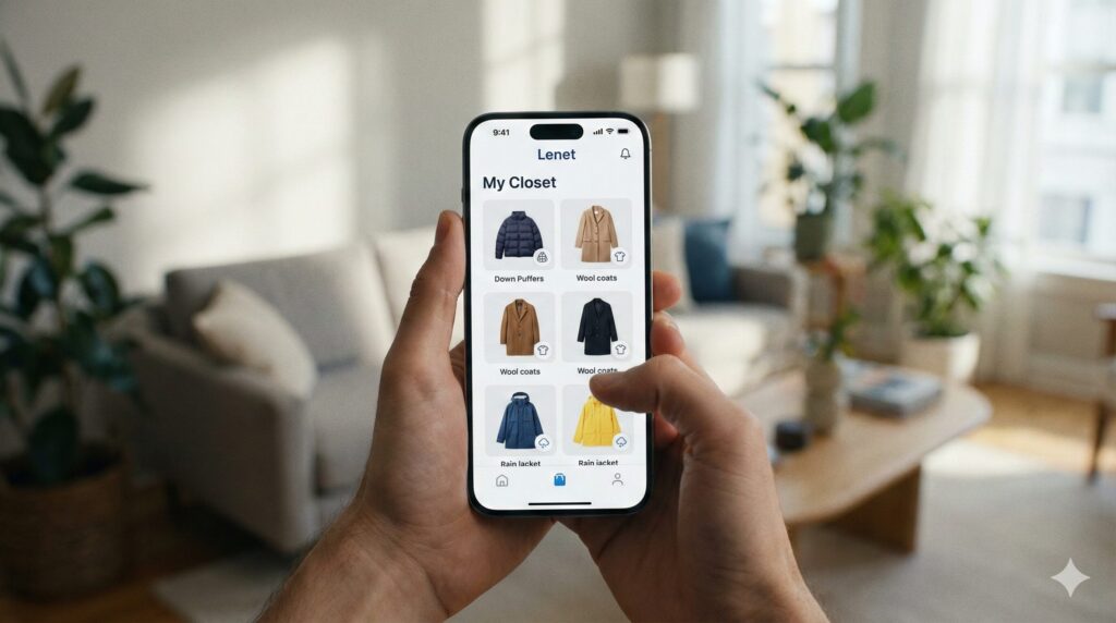 リネットプレミアムクロークで管理されている洋服をスマホで眺めているイメージ
