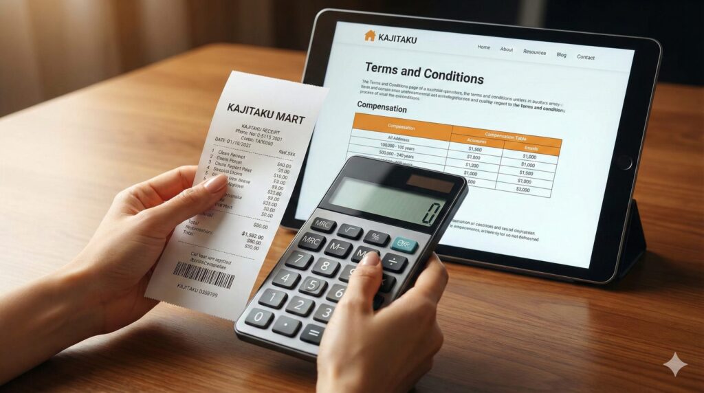 電卓とレシート、そしてカジタクの規約画面を見ながらチェックする真剣な様子