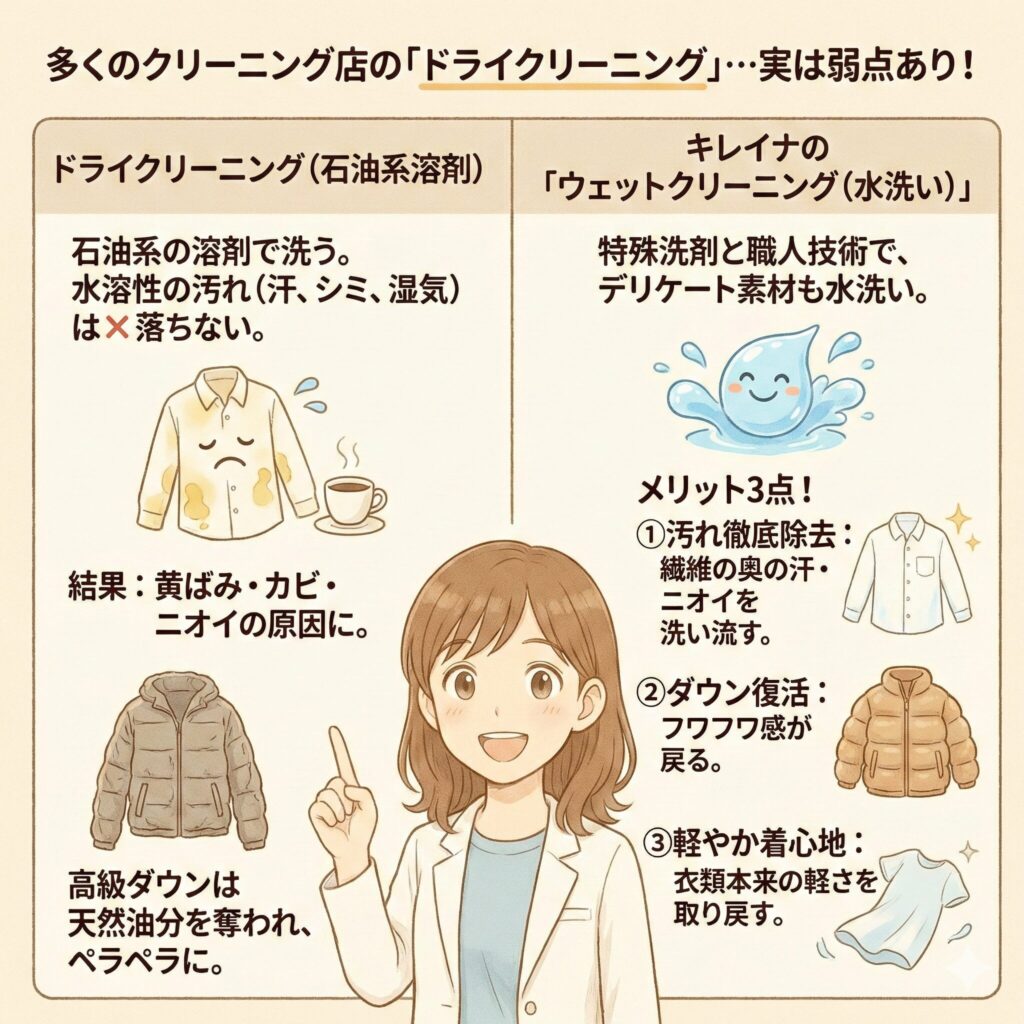 一般的なドライクリーニングとキレイナのウェットクリーニングの違いを図解