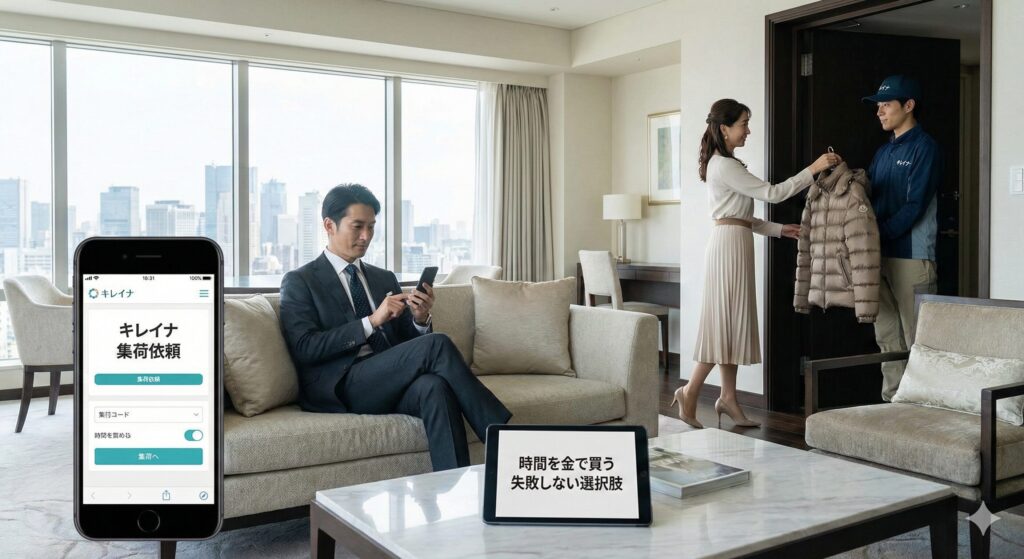 大事なスーツをキレイナでクリーニングすることで時短できたビジネスマンのイメージ