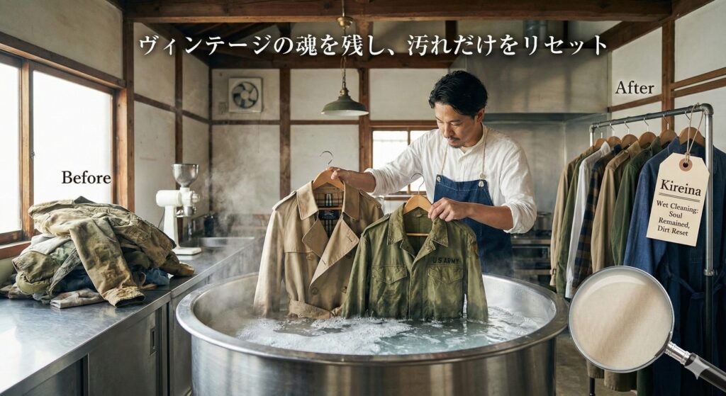 ヴィンテージの味を残しつつウェットクリーニングしているキレイナのイメージ