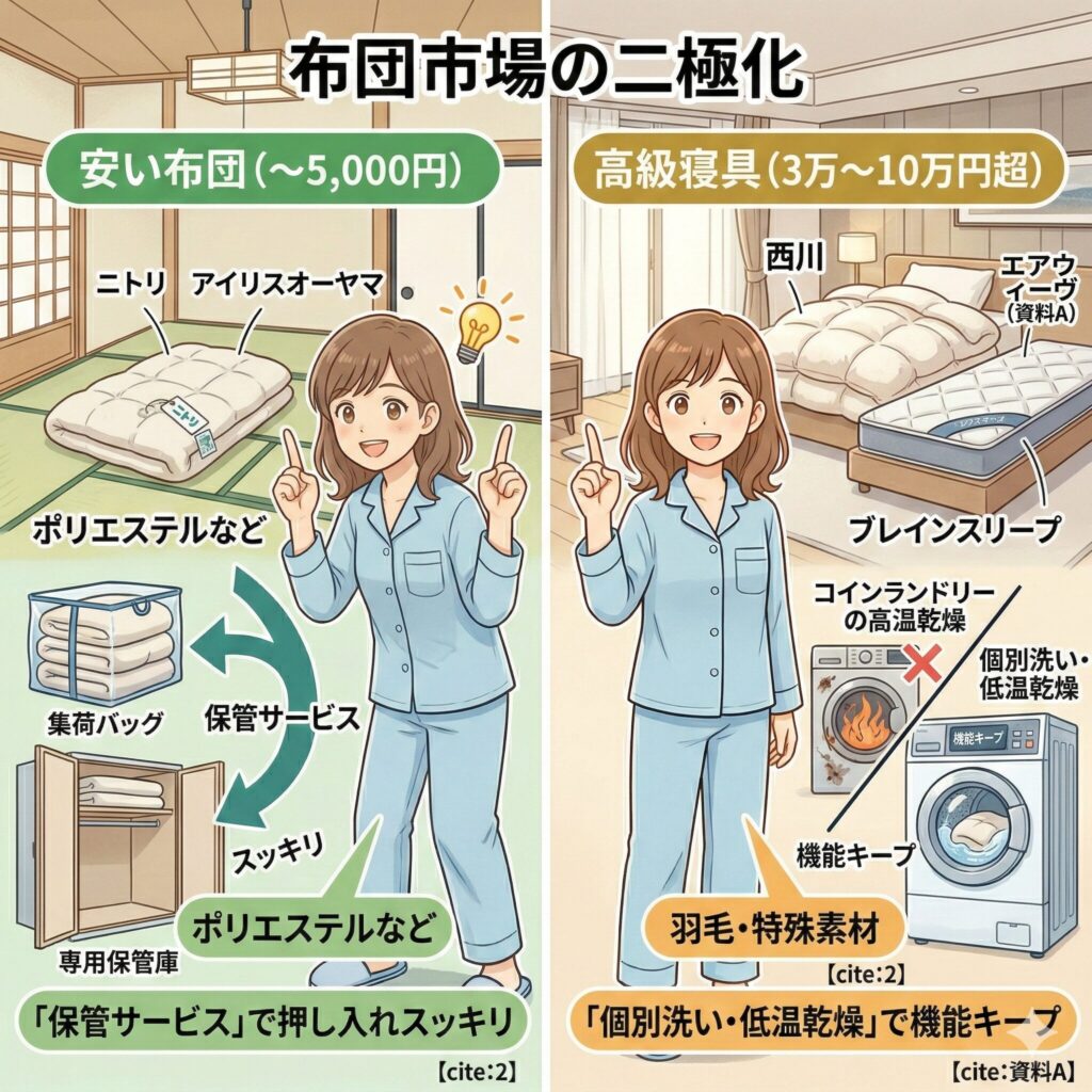 布団市場の二極化についての図解