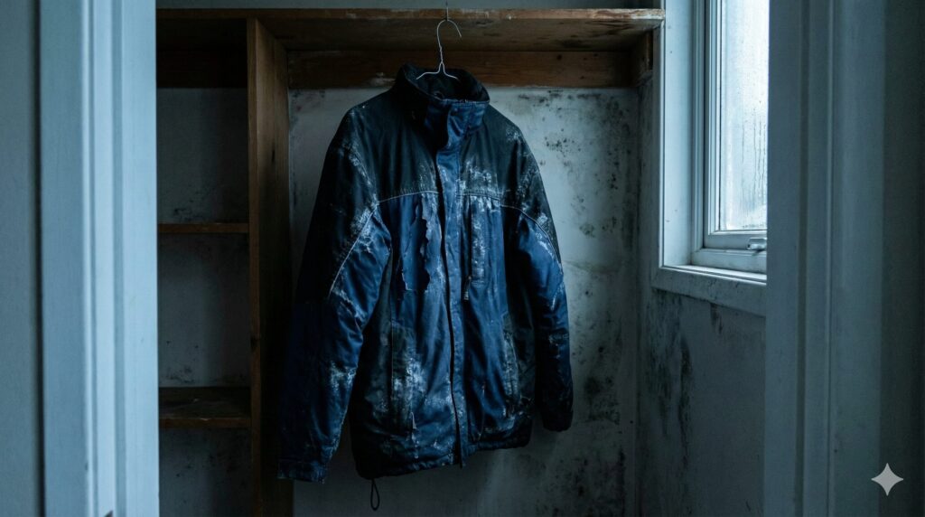 湿気の多いクローゼットで保管したことでスキーウェアにカビが生えたり、生地が劣化しているイメージ図