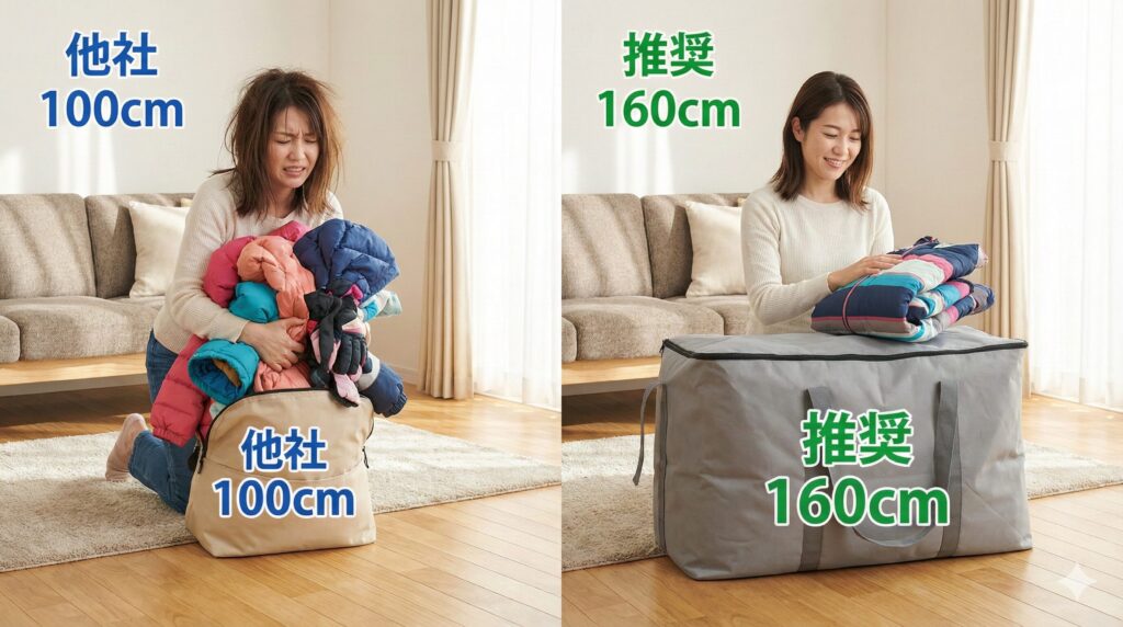 家族4人分のスキーウェアが、宅配クリーニングの大きな集荷バッグに収まっている様子。横に小さなバッグがあり、入りきらない比較