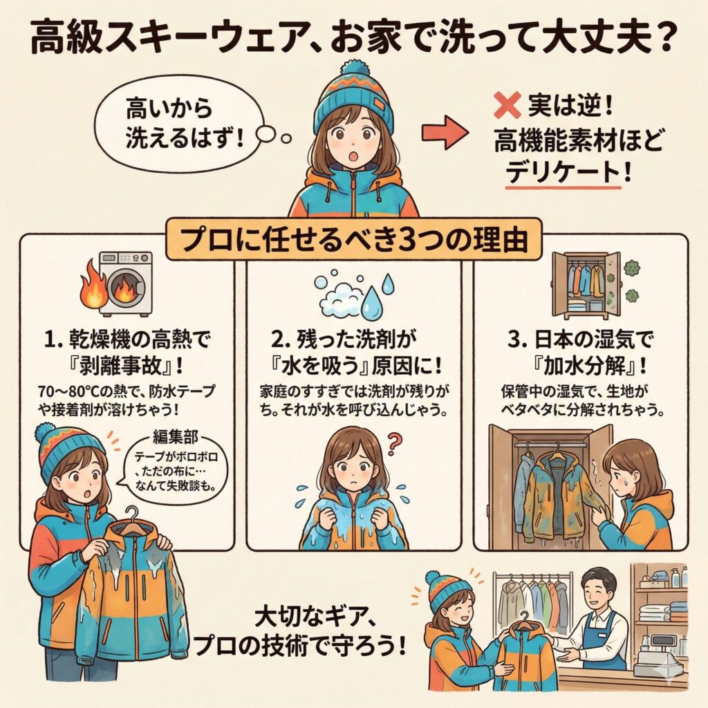 スキー・スノボウェアは洗濯よりクリーニングがおすすめな3つの理由の図解