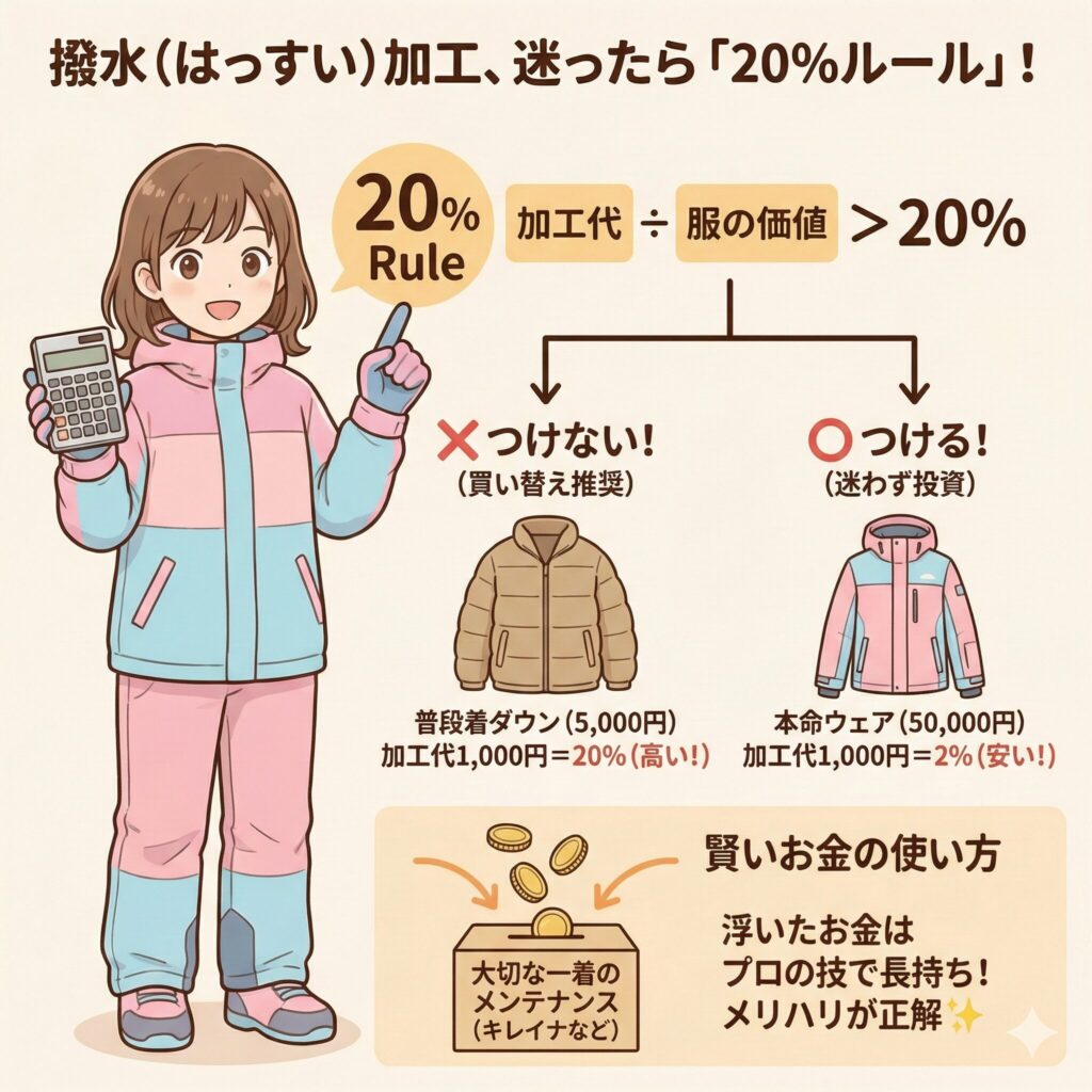 スキー・スノボウェアにクリーニングと撥水加工をつけるか迷ったら20%ルールで