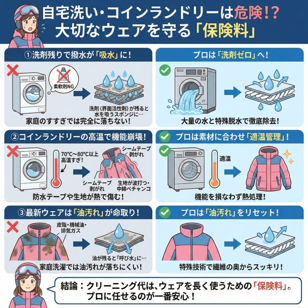 スキーウェアを自宅で洗濯しないほうが良い3つの理由を図解