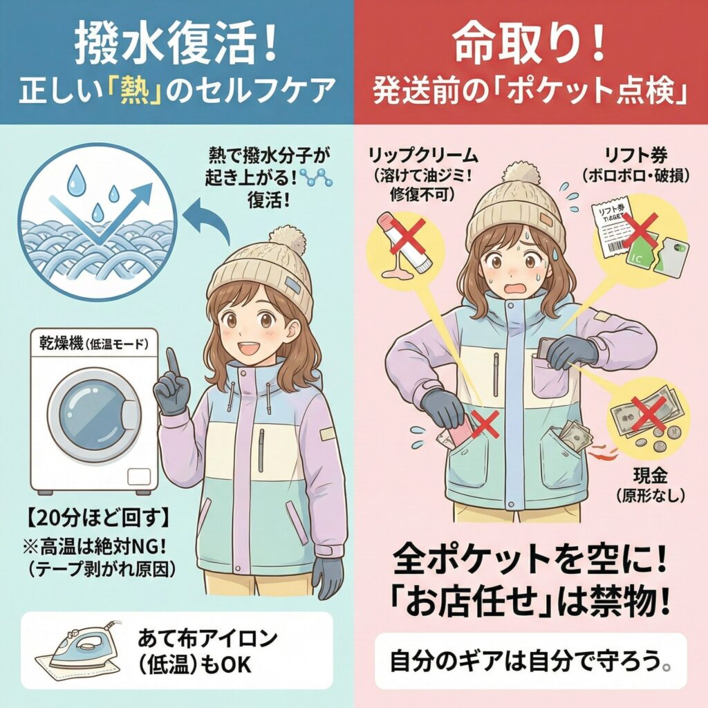 スキー・スノボウェアの自宅で出来るセルフケアとクリーニングに出す前のチェックポイントの図解