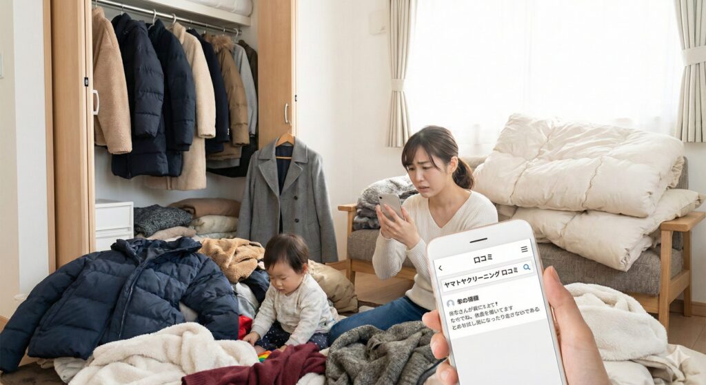ヤマトヤクリーニング口コミと検索しても情報が出てこないため、衣替えが出来ず焦る母親のイメージ